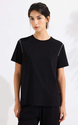 Cotton Blend Short-Sleeve T-Shirt With Silver Beaded Chain