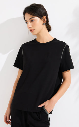 Black short-sleeve T-shirt with silver beaded trim on shoulder seam; crew neck