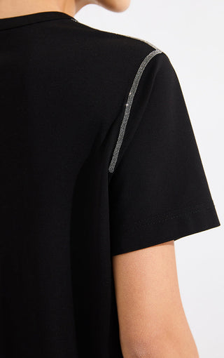 Black T-shirt sleeve with silver beaded chain trim stripe on shoulder seam