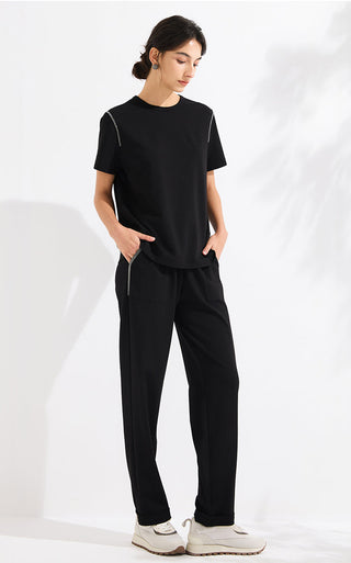 Black short-sleeve T-shirt with silver beaded chain trim detail; relaxed fit