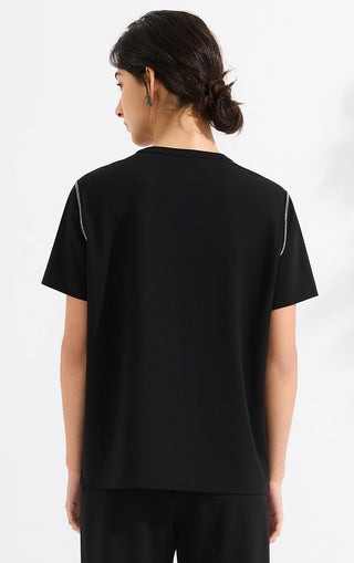 Black cotton-blend short-sleeve T-shirt, back view with silver beaded chain trim