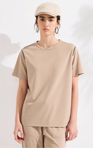 Camel crewneck short-sleeve t-shirt with black-trimmed shoulder accents