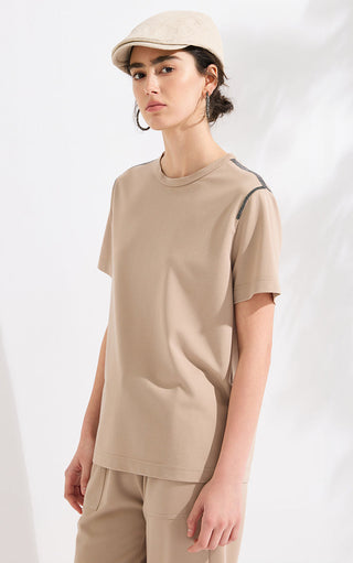 Camel short-sleeve crewneck t-shirt with contrast black shoulder trim