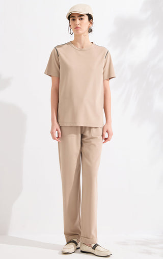 Camel short-sleeve crewneck t-shirt front with contrast black shoulder trim