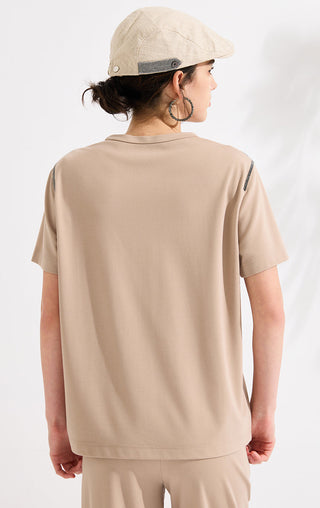 Camel short-sleeve t-shirt back view with crew neck and black shoulder trim