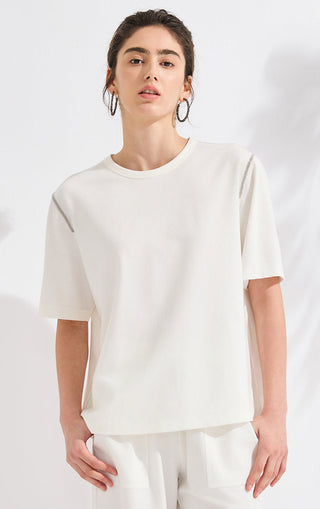 White cotton-blend short-sleeve T-shirt with silver beaded chain trim along shoulder
