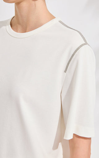 White T-shirt neckline and shoulder with silver beaded chain trim accent