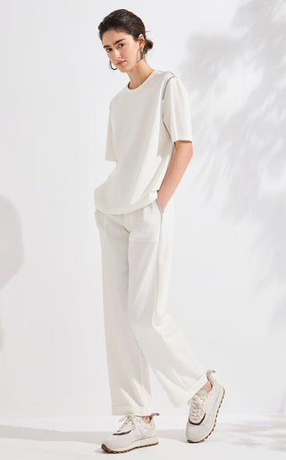 White short-sleeve crewneck t-shirt with relaxed fit and draped side seams