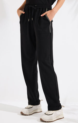 Cotton blend Wide-Leg Pants With silver Beaded Chain