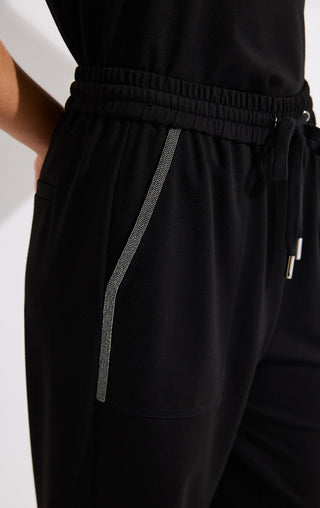 Black wide-leg pants, silver beaded side stripe and drawstring elastic waist