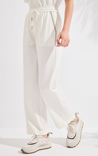 Ivory white wide-leg cotton-blend pants, drawstring waist and side pockets