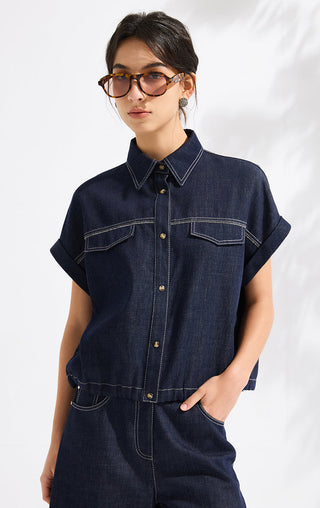 Dark Denim Short-Sleeve Utility Shirt - serathinan 