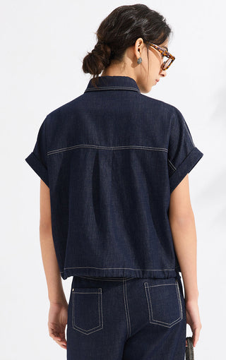 Dark Denim Short-Sleeve Utility Shirt - serathinan 