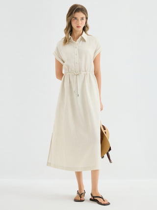 Linen Blend Drawstring Shirt Dress