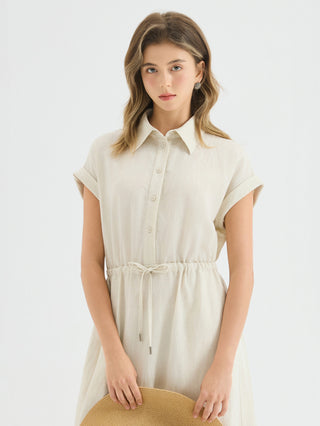 Linen Blend Drawstring Shirt Dress