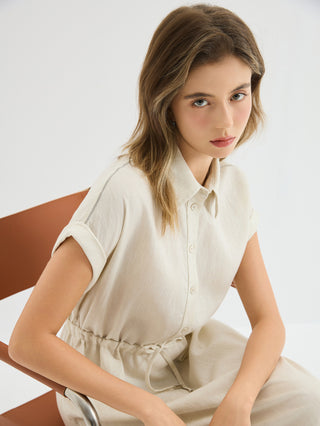 Linen Blend Drawstring Shirt Dress