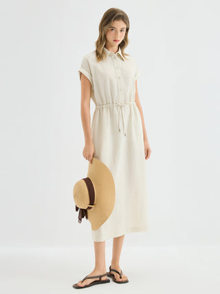 Linen Blend Drawstring Shirt Dress