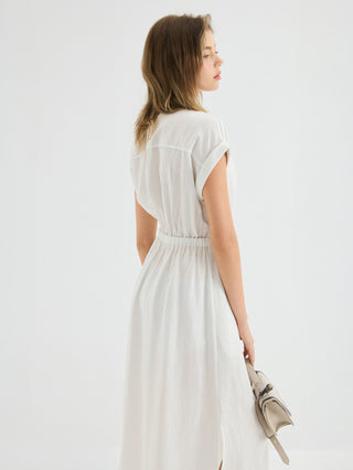 Linen Blend Drawstring Shirt Dress