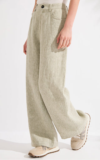 Light greige linen high-waist wide-leg trousers, front pocket and straight wide leg