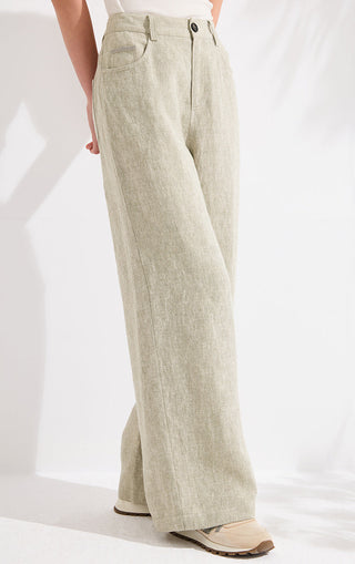 Light greige linen high-waist wide-leg trousers, side view with wide leg drape