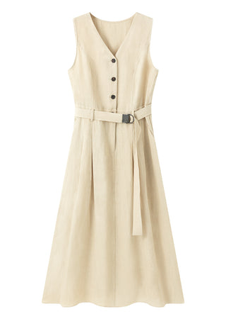 Linen V-Neck A-Line Maxi Dress with Belt