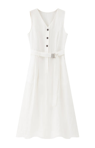 Linen V-Neck A-Line Maxi Dress with Belt