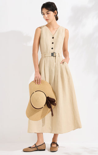 Linen V-Neck A-Line Maxi Dress with Belt