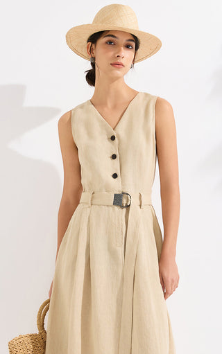 Linen V-Neck A-Line Maxi Dress with Belt