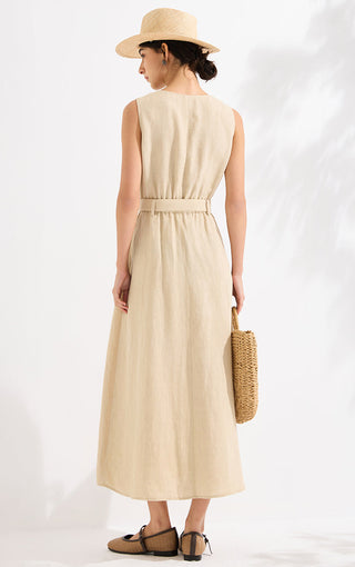 Linen V-Neck A-Line Maxi Dress with Belt