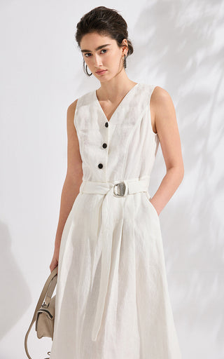 Linen V-Neck A-Line Maxi Dress with Belt