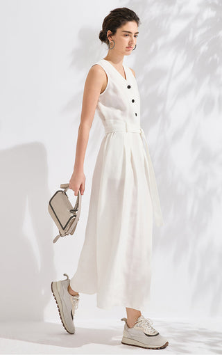 Linen V-Neck A-Line Maxi Dress with Belt