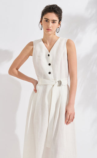 Linen V-Neck A-Line Maxi Dress with Belt