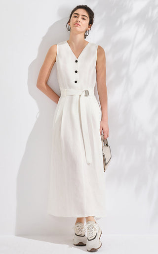 Linen V-Neck A-Line Maxi Dress with Belt