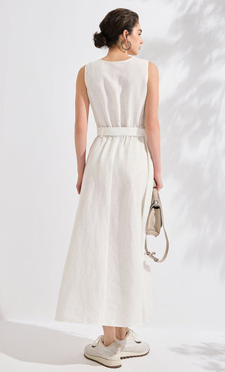 Linen V-Neck A-Line Maxi Dress with Belt