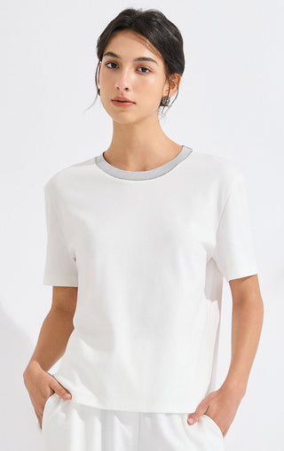 Relaxed Short-Sleeve Cotton T-Shirt with Silver Beaded Neckline