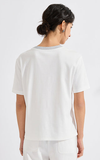 Relaxed white cotton T-shirt back view with short sleeves and gray crew trim