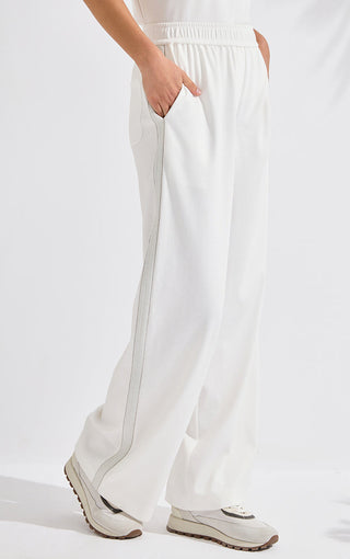 White wide-leg pants with silver beaded chain stripe and side pocket