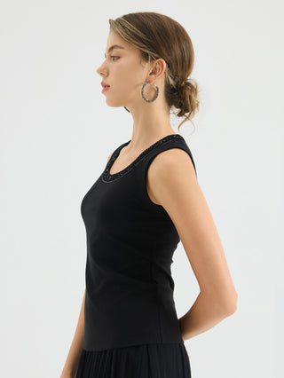 Embellished Trim Ribbed Tank Top