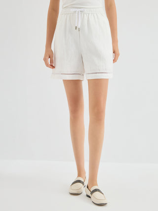 Linen Drawstring Shorts with Cut-Out Hem Detail