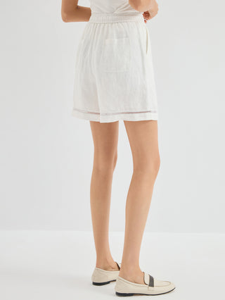 Linen Drawstring Shorts with Cut-Out Hem Detail