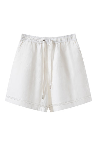Linen Drawstring Shorts with Cut-Out Hem Detail