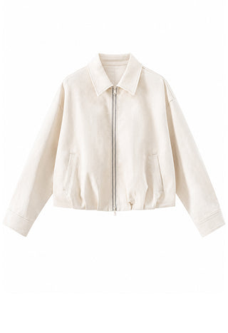 Beige cotton zip-up jacket with point collar and full front zipper.