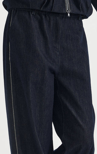 Beaded Side Trim Cotton Wide-Leg Pants