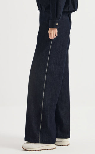 Beaded Side Trim Cotton Wide-Leg Pants