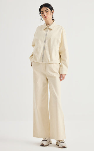 Beaded Side Trim Cotton Wide-Leg Pants