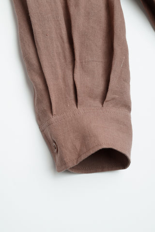 Brown linen dress sleeve cuff and hem, stitched seam detail