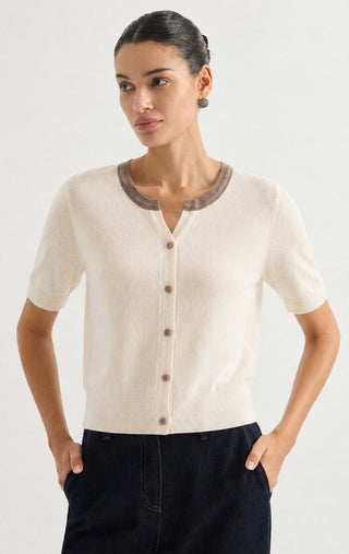 Contrast Trim Rib Knit Short Sleeve Cardigan