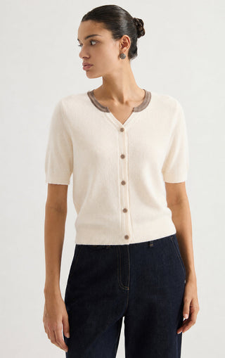 Contrast Trim Rib Knit Short Sleeve Cardigan