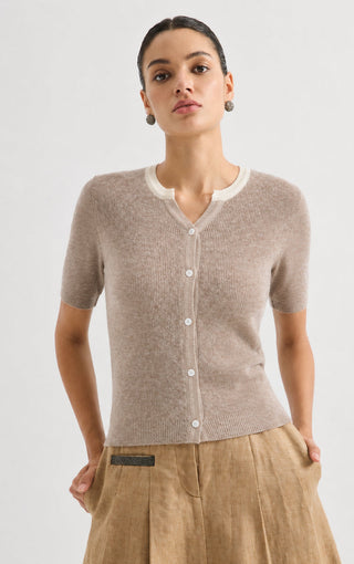 Contrast Trim Rib Knit Short Sleeve Cardigan