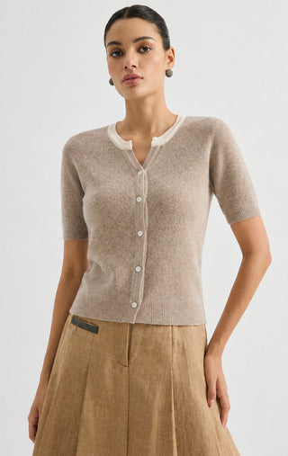 Contrast Trim Rib Knit Short Sleeve Cardigan